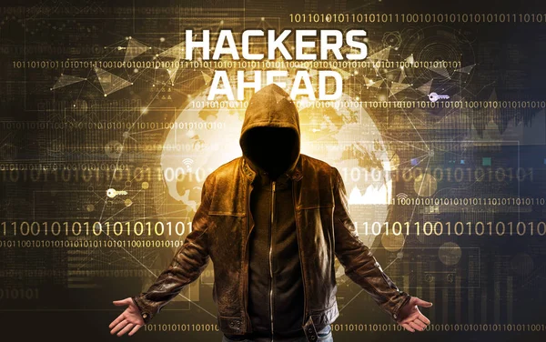 Bezimienny Haker Pracy Napisem Hackers Ahead Koncepcja Bezpieczeństwa Komputerowego — Zdjęcie stockowe