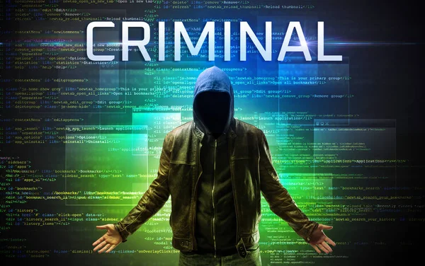 Gesichtsloser Hacker Mit Criminal Inschrift Auf Binärem Code Hintergrund — Stockfoto