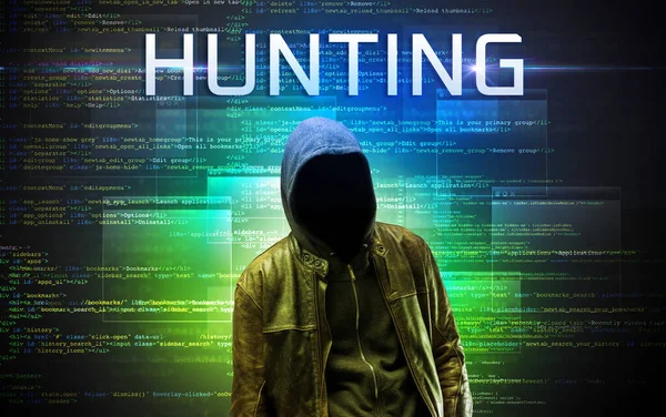 Faceless Hacker Hunting Inscription Binary Code Background — Stock Photo, Image