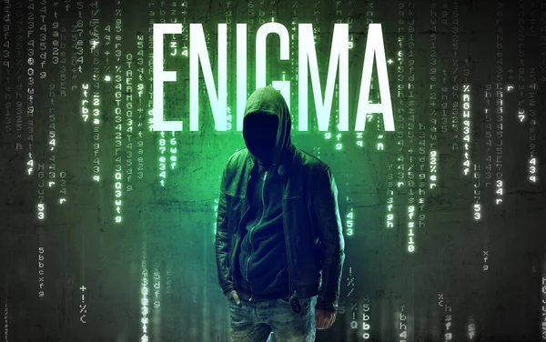 Bezobličejový Hacker Nápisem Enigma Hacking Koncept — Stock fotografie