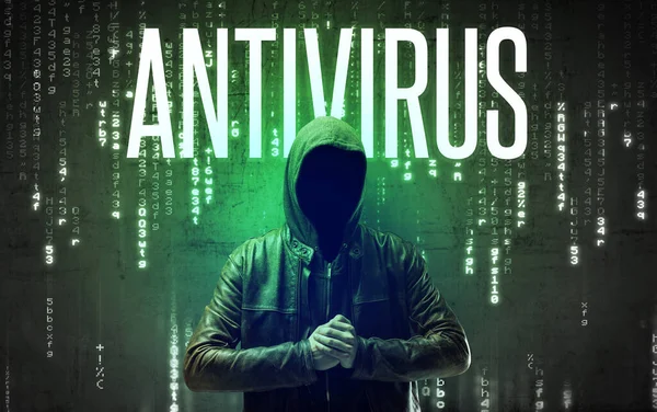 Gezichtloze Hacker Met Antivirus Inscriptie Hacken Concept — Stockfoto
