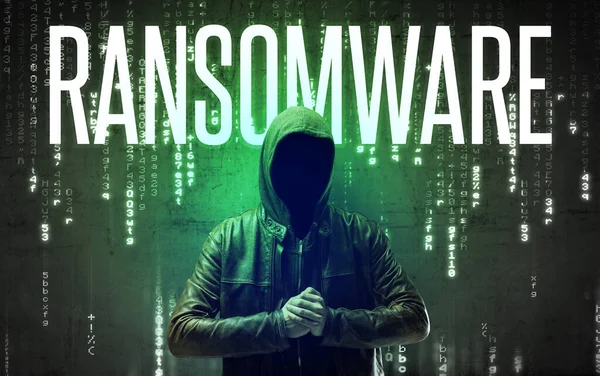 Hacker Sin Rostro Con Inscripción Ransomware Concepto Hacking —  Fotos de Stock