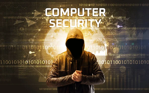コンピュータセキュリティの碑文 コンピュータセキュリティの概念を扱う顔のないハッカー — ストック写真