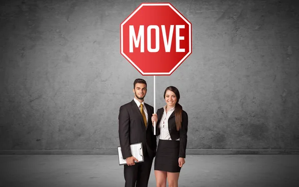 Young Business Person Holding Road Sign Move Inscription New Rules — Stock Photo, Image