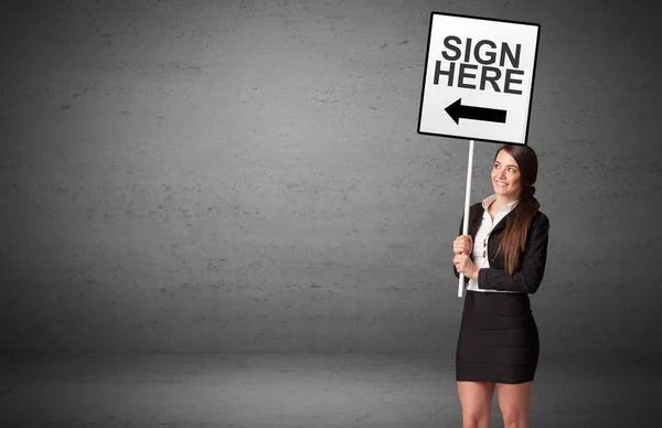 Business Person Holding Traffic Sign Sign Here Inscription New Idea — Stock Photo, Image