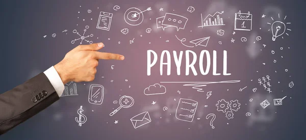 Close Van Bijgesneden Hand Wijzend Payroll Inscriptie Moderne Zakelijke Oplossing — Stockfoto