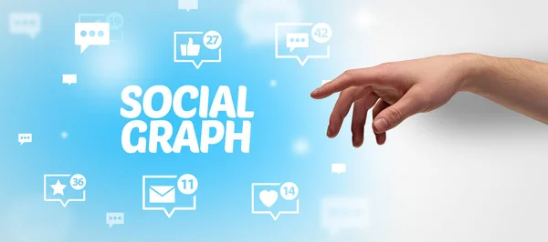 Zbliżenie Przyciętej Dłoni Wskazującej Napis Social Graph Koncepcja Sieci Społecznościowych — Zdjęcie stockowe