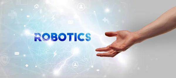 Mão Apontando Para Inscrição Robotics Conceito Tecnologia Moderna — Fotografia de Stock