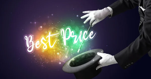 Mágico Mão Conjurar Com Varinha Melhor Preço Inscrição Conceito Compras — Fotografia de Stock