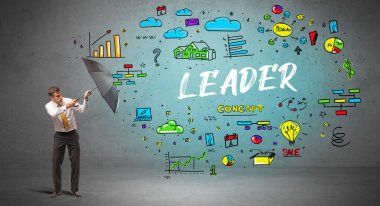 Şemsiyenin arkasına saklanan kararlı iş adamı. Lider yazıtları, yeni iş konsepti.