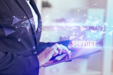El kapama işlemini SUPPORT yazması, modern iş teknolojisi kavramı kullanan tablet kullanarak yapın