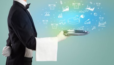 Smokinli yakışıklı garson, elinde para birimi pasta tablosu simgeleri, küresel piyasa konsepti.