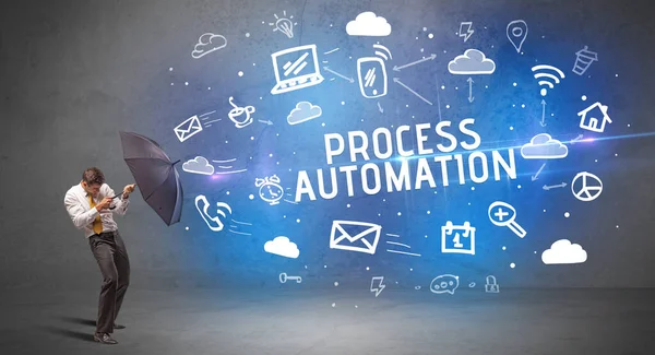 Empresario Defendiendo Con Paraguas Process Automation Inscripción Concepto Tecnología Moderna —  Fotos de Stock