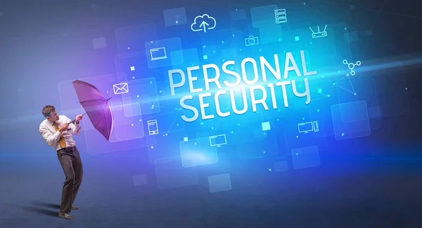 Empresario Defendiendo Con Paraguas Ciberataque Inscripción Seguridad Personal Concepto Seguridad —  Fotos de Stock