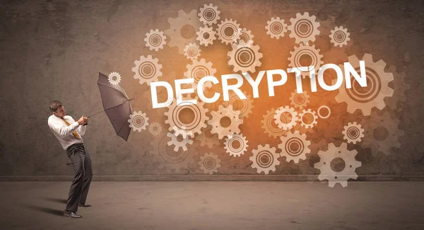 Επιχειρηματίας Υπερασπίζεται Ομπρέλα Από Επιγραφή Decryption Έννοια Της Τεχνολογίας — Φωτογραφία Αρχείου