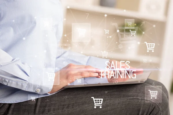 Young Person Makes Purchase Online Shopping Application Sales Training Inscription — Stock Photo, Image