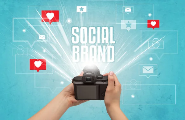 Close Hand Taking Photos Social Brand Inscription Social Media Concept — Stock Photo, Image