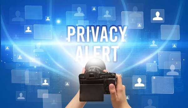 Close Van Handcamera Met Privacy Alert Inscriptie Videobewaking Concept — Stockfoto