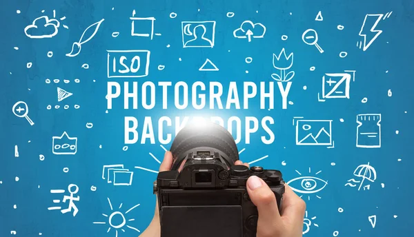 Handgemaakte Foto Met Digitale Camera Fotografie Backdrops Inscriptie Camera Instellingen — Stockfoto