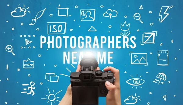 Hand Taking Picture Digital Camera Photographers Inscription Camera Settings Concept — Stock Photo, Image