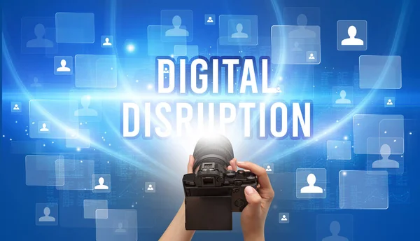 Primer Plano Cámara Mano Con Inscripción Digital Disruption Concepto Videovigilancia —  Fotos de Stock