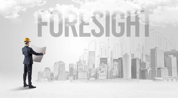 Young Businessman Hard Hat Foresight Inscription New Business Opportunity Concept — Stock Photo, Image
