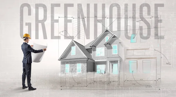 Νεαρός Μηχανικός Κρατώντας Σχέδιο Επιγραφή Greenhouse Οικιακού Σχεδιασμού Έννοια — Φωτογραφία Αρχείου