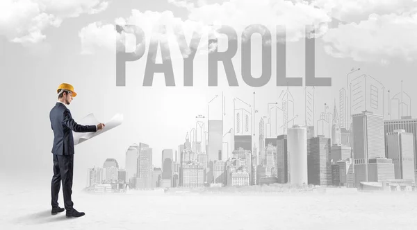 Молодой Бизнесмен Каске Надписью Payroll Новая Концепция Возможностей Бизнеса — стоковое фото