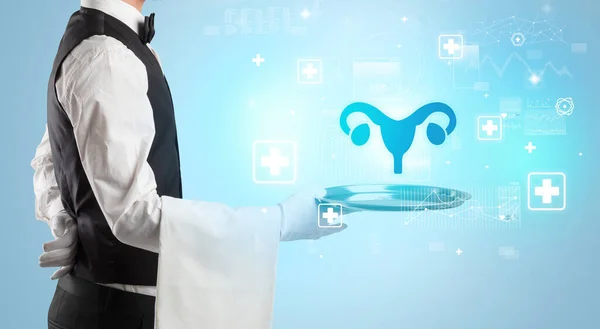 Handsome Young Waiter Tuxedo Holding Tray Female Reproductive System Icons — Stock Photo, Image