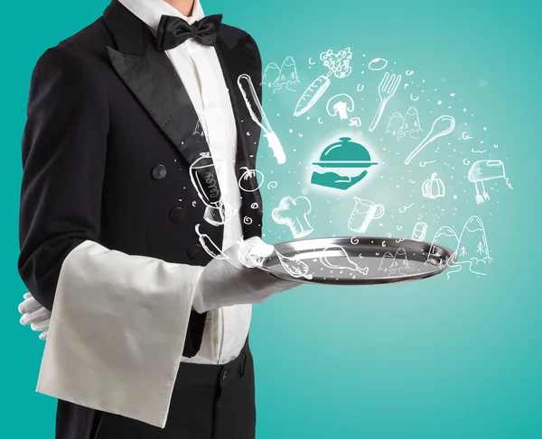 Waiter Holding Silver Tray Food Service Icons Coming Out Health — Stock Photo, Image