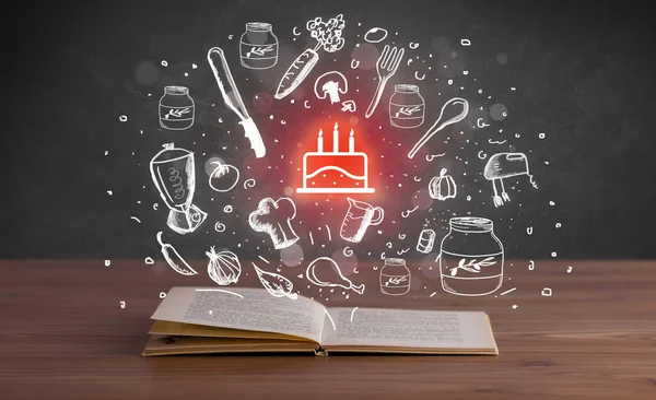 Open recipe book with drawn cake icons coming out of it, gastronomy concept