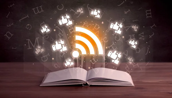 Buch Öffnen Mit Wifi Symbolen Oben Konzept Für Soziale Netzwerke — Stockfoto