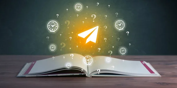 Open book with paper airplane icons above, new business concept