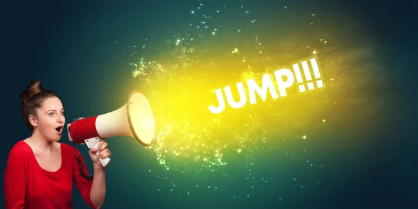 Mulher Jovem Gritando Para Alto Falante Com Inscrição Jump Conceito — Fotografia de Stock