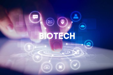 Parmak web teknolojisi simgeleri ve Biyoteknoloji yazıt, web teknolojisi kavramı ile tablet dokunmadan