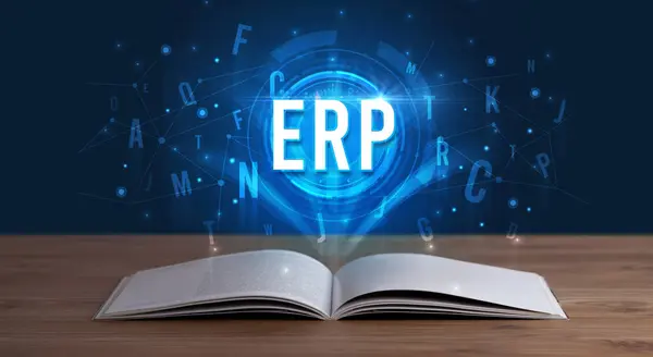 Erp Inscription Coming Out Open Book Digital Technology Concept — Stock Photo, Image