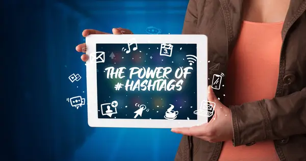 Young Business Person Working Tablet Shows Inscription Power Hashtags — Stock Photo, Image