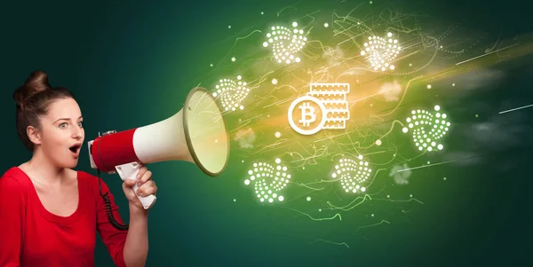 Young person yelling in megaphone and bitcoin saving icon, currency exchange concept