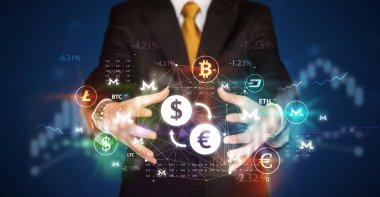 Dolar tutan işadamı - avro döviz sembolü, yatırım konsepti