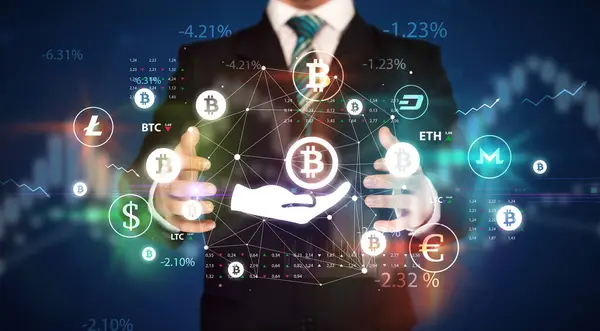 Businessman Holding Giving Bitcoin Symbol Investment Concept — Stock Photo, Image