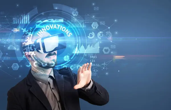 Businessman Looking Virtual Reality Glasses Innovations Inscription Innovative Technology Concept — Stock Photo, Image