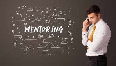 MENTORING yazıtları, iş eğitimi kavramı ile düşünen işadamı