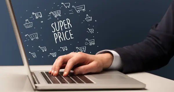 Businessman Working Laptop Super Price Inscription Online Shopping Concept — Stock Photo, Image