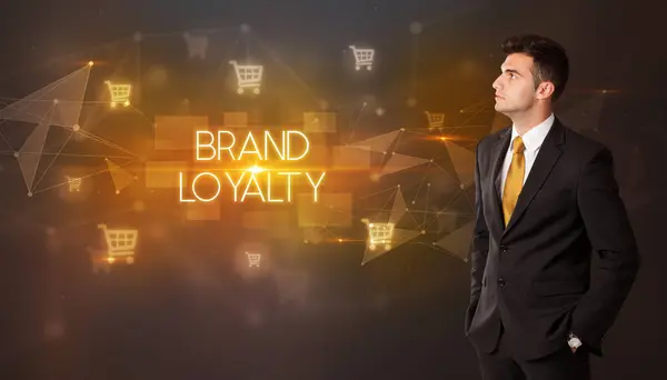Biznesmen Ikonami Koszyka Napisem Brand Loyalty Koncepcja Zakupów Online — Zdjęcie stockowe