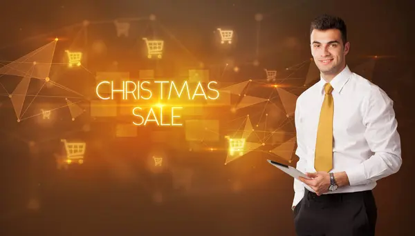 Zakenman Met Winkelwagentjes Iconen Christmas Sale Inscriptie Online Shopping Concept — Stockfoto