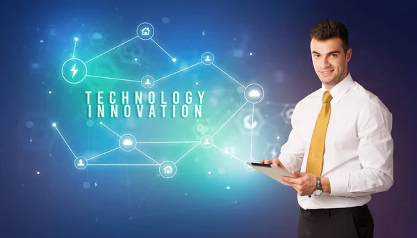 Businessman Front Cloud Service Icons Technology Innovation Inscription Modern Technology — Stock Photo, Image