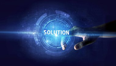 El dokunuşu SOLUTION düğmesi, modern iş teknolojisi kavramı