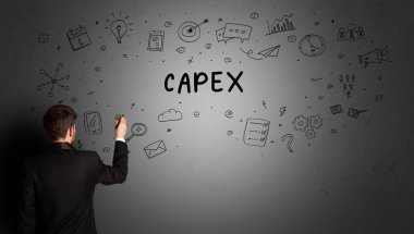 İş adamı CAPEX yazıtları ve iş stratejisi konseptiyle yaratıcı bir fikir çizimi yapıyor.