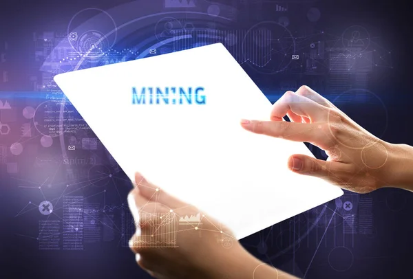 Hand Holdig Futuristic Tablet Mining Inscription New Technology Concept — Stock Photo, Image