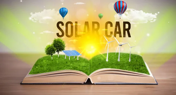 Open Boek Met Solar Car Inscriptie Concept Hernieuwbare Energie — Stockfoto